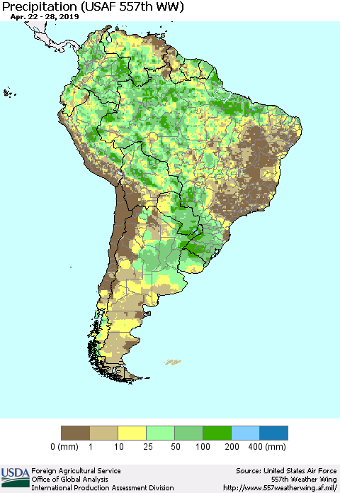 South America Precipitation (USAF 557th WW) Thematic Map For 4/22/2019 - 4/28/2019