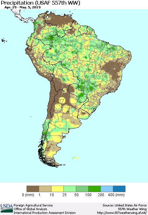 South America Precipitation (USAF 557th WW) Thematic Map For 4/29/2019 - 5/5/2019