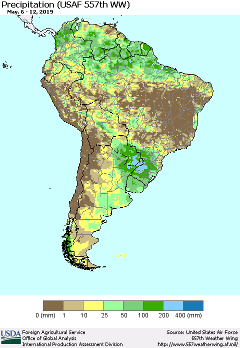 South America Precipitation (USAF 557th WW) Thematic Map For 5/6/2019 - 5/12/2019