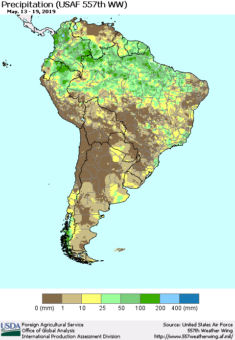 South America Precipitation (USAF 557th WW) Thematic Map For 5/13/2019 - 5/19/2019