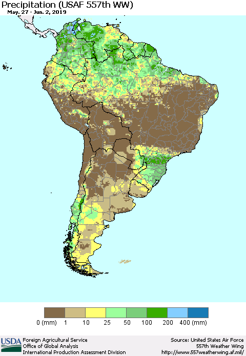 South America Precipitation (USAF 557th WW) Thematic Map For 5/27/2019 - 6/2/2019