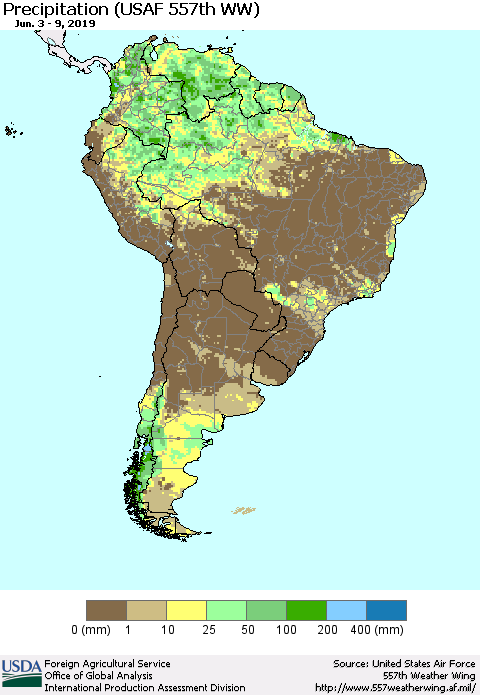 South America Precipitation (USAF 557th WW) Thematic Map For 6/3/2019 - 6/9/2019
