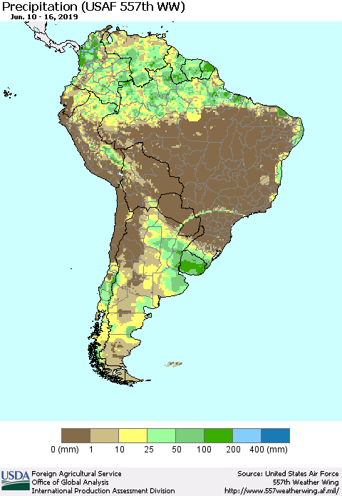 South America Precipitation (USAF 557th WW) Thematic Map For 6/10/2019 - 6/16/2019