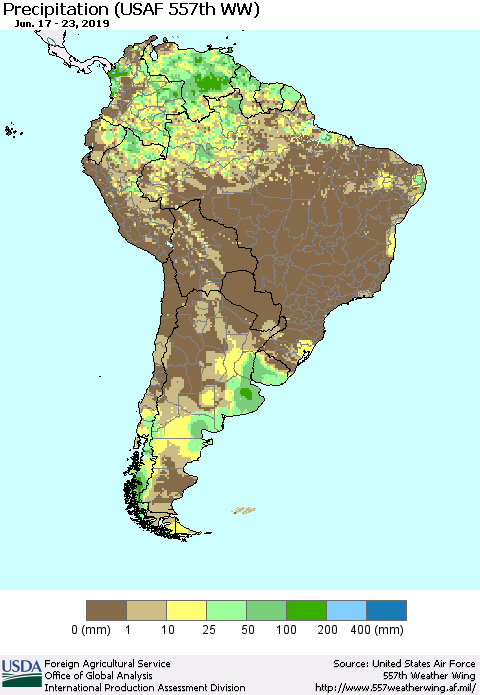South America Precipitation (USAF 557th WW) Thematic Map For 6/17/2019 - 6/23/2019