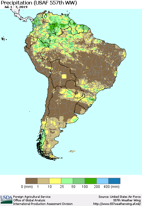 South America Precipitation (USAF 557th WW) Thematic Map For 7/1/2019 - 7/7/2019