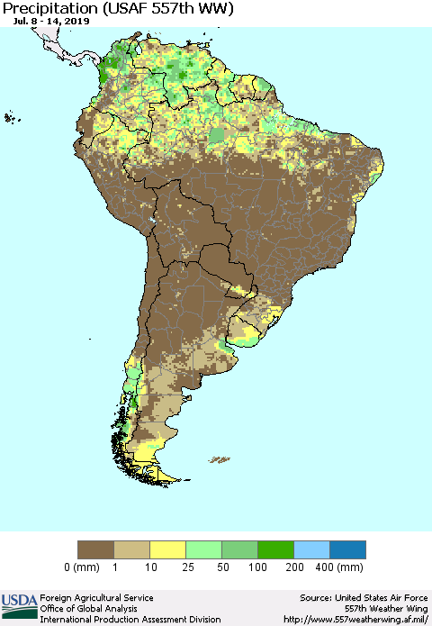 South America Precipitation (USAF 557th WW) Thematic Map For 7/8/2019 - 7/14/2019