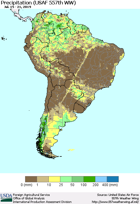 South America Precipitation (USAF 557th WW) Thematic Map For 7/15/2019 - 7/21/2019