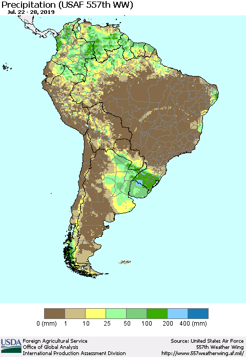 South America Precipitation (USAF 557th WW) Thematic Map For 7/22/2019 - 7/28/2019