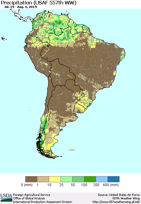 South America Precipitation (USAF 557th WW) Thematic Map For 7/29/2019 - 8/4/2019