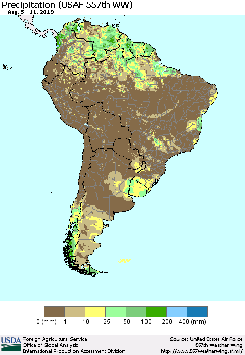 South America Precipitation (USAF 557th WW) Thematic Map For 8/5/2019 - 8/11/2019