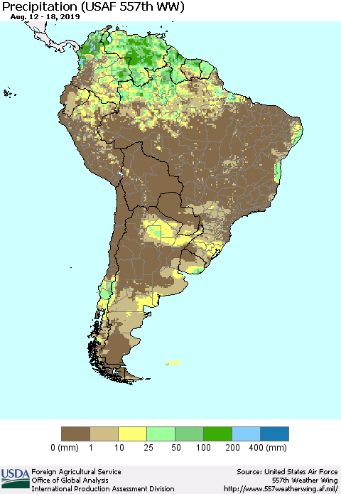 South America Precipitation (USAF 557th WW) Thematic Map For 8/12/2019 - 8/18/2019