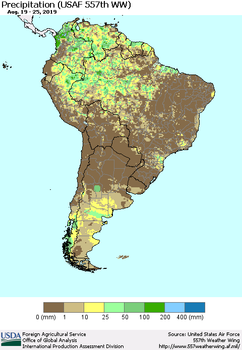South America Precipitation (USAF 557th WW) Thematic Map For 8/19/2019 - 8/25/2019