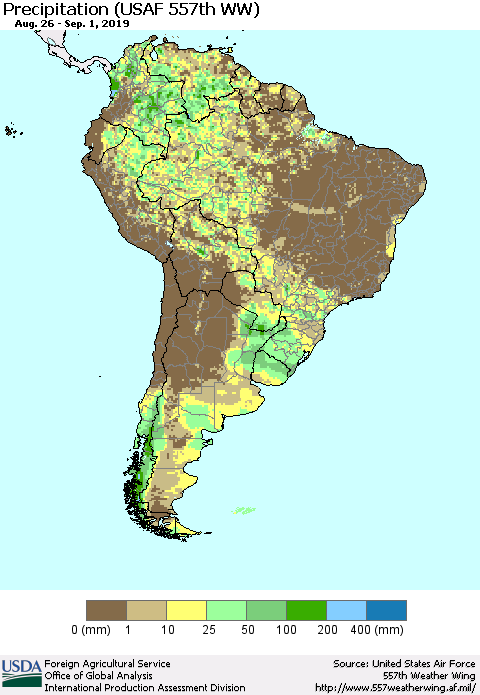 South America Precipitation (USAF 557th WW) Thematic Map For 8/26/2019 - 9/1/2019