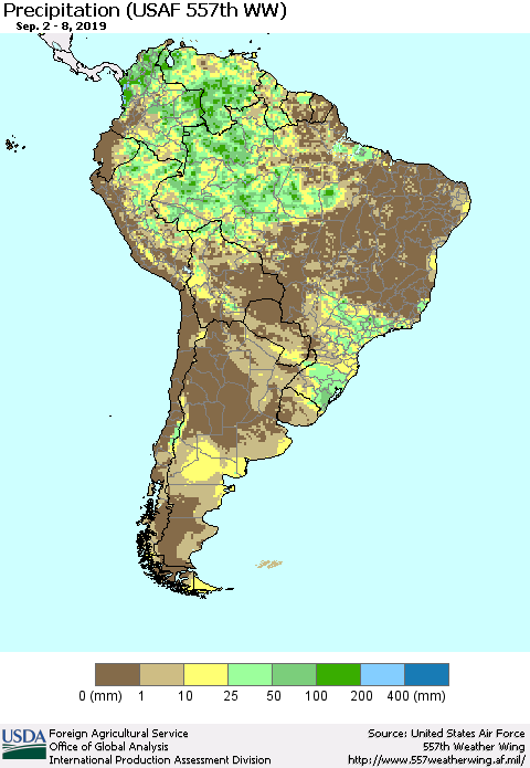South America Precipitation (USAF 557th WW) Thematic Map For 9/2/2019 - 9/8/2019