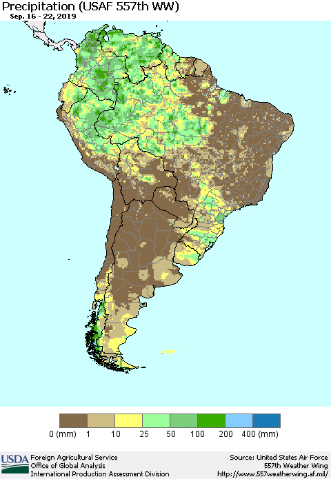 South America Precipitation (USAF 557th WW) Thematic Map For 9/16/2019 - 9/22/2019