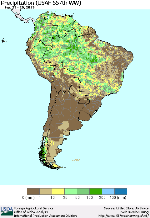South America Precipitation (USAF 557th WW) Thematic Map For 9/23/2019 - 9/29/2019