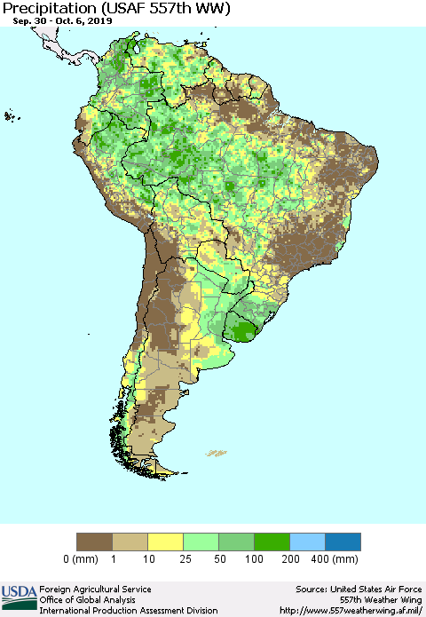 South America Precipitation (USAF 557th WW) Thematic Map For 9/30/2019 - 10/6/2019