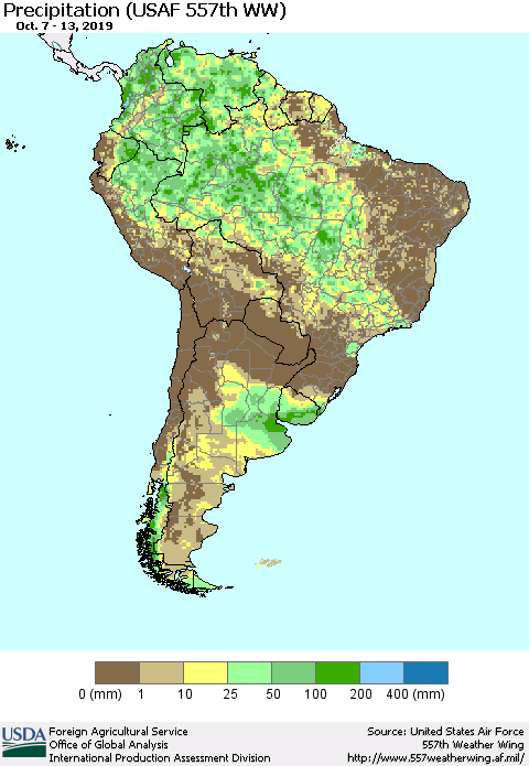 South America Precipitation (USAF 557th WW) Thematic Map For 10/7/2019 - 10/13/2019