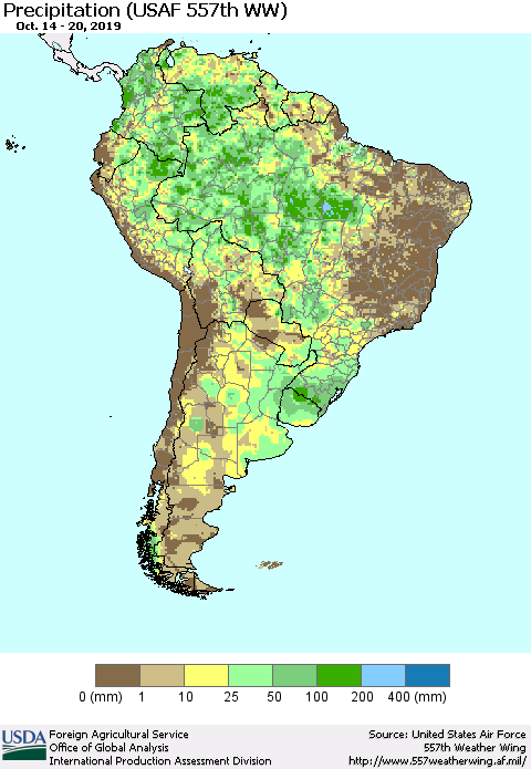 South America Precipitation (USAF 557th WW) Thematic Map For 10/14/2019 - 10/20/2019