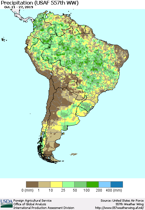 South America Precipitation (USAF 557th WW) Thematic Map For 10/21/2019 - 10/27/2019