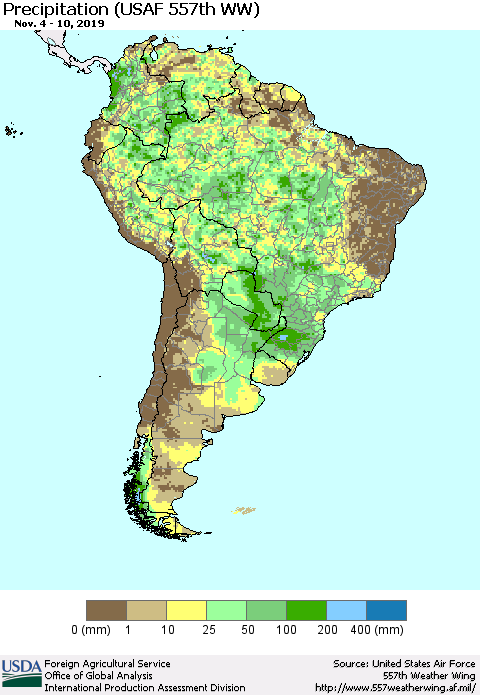 South America Precipitation (USAF 557th WW) Thematic Map For 11/4/2019 - 11/10/2019