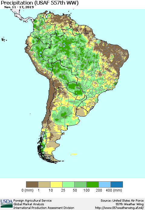 South America Precipitation (USAF 557th WW) Thematic Map For 11/11/2019 - 11/17/2019