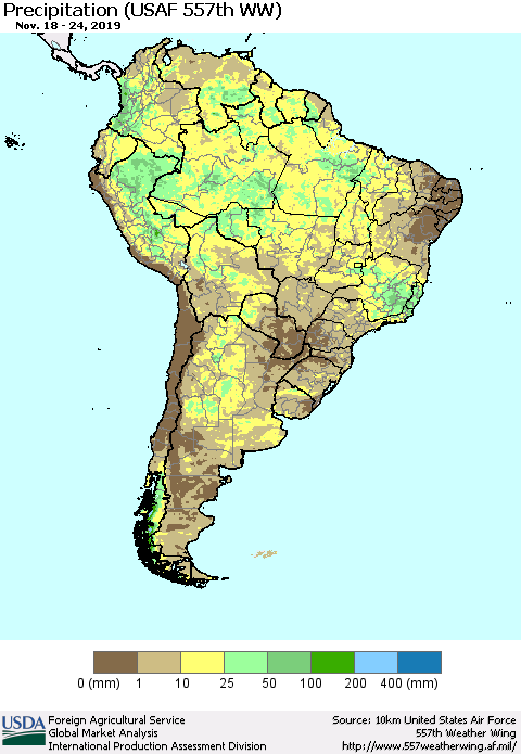 South America Precipitation (USAF 557th WW) Thematic Map For 11/18/2019 - 11/24/2019