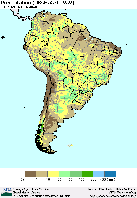 South America Precipitation (USAF 557th WW) Thematic Map For 11/25/2019 - 12/1/2019