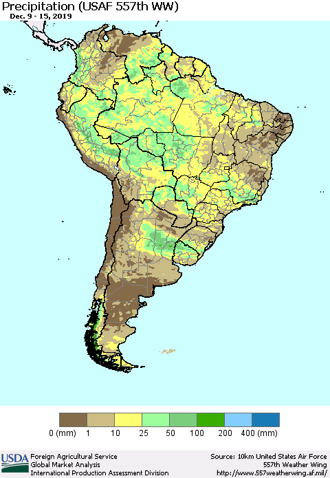 South America Precipitation (USAF 557th WW) Thematic Map For 12/9/2019 - 12/15/2019