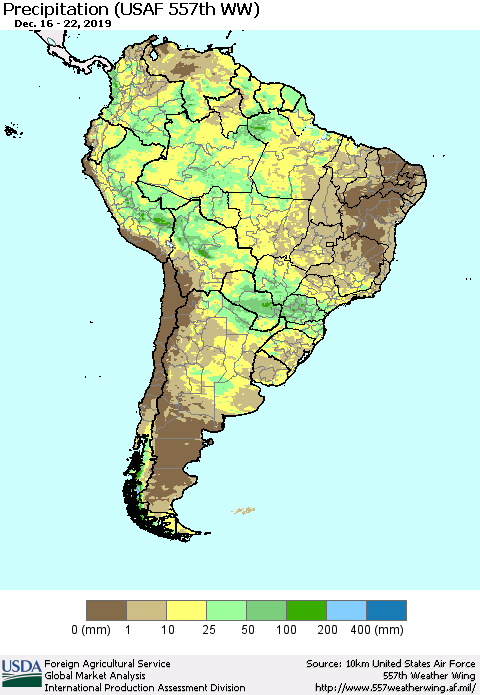 South America Precipitation (USAF 557th WW) Thematic Map For 12/16/2019 - 12/22/2019