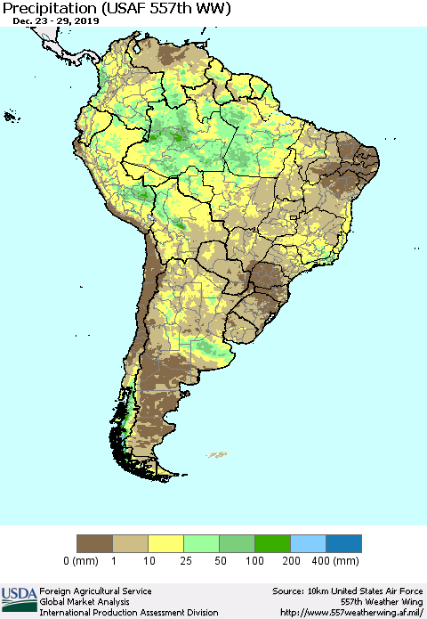 South America Precipitation (USAF 557th WW) Thematic Map For 12/23/2019 - 12/29/2019