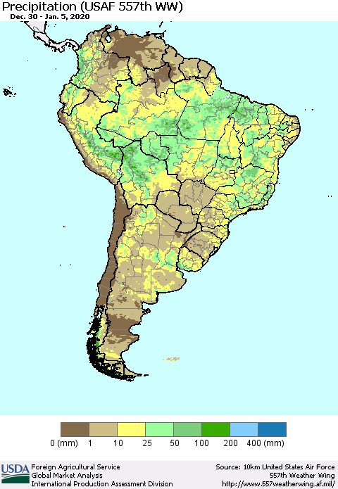 South America Precipitation (USAF 557th WW) Thematic Map For 12/30/2019 - 1/5/2020