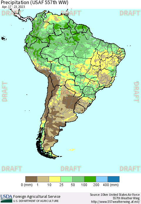 South America Precipitation (USAF 557th WW) Thematic Map For 4/17/2023 - 4/23/2023