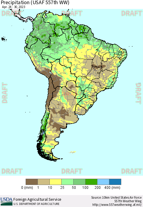 South America Precipitation (USAF 557th WW) Thematic Map For 4/24/2023 - 4/30/2023