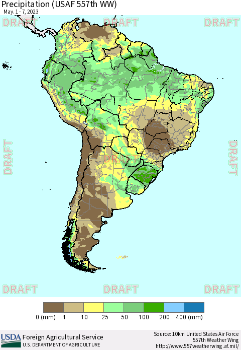 South America Precipitation (USAF 557th WW) Thematic Map For 5/1/2023 - 5/7/2023