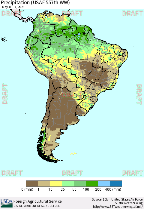 South America Precipitation (USAF 557th WW) Thematic Map For 5/8/2023 - 5/14/2023