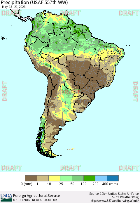 South America Precipitation (USAF 557th WW) Thematic Map For 5/15/2023 - 5/21/2023