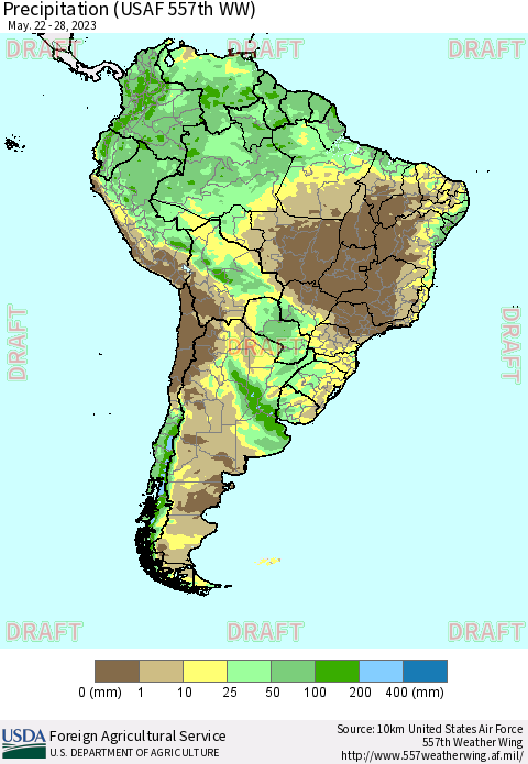 South America Precipitation (USAF 557th WW) Thematic Map For 5/22/2023 - 5/28/2023