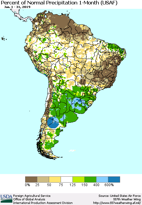 South America Percent of Normal Precipitation 1-Month (USAF) Thematic Map For 1/1/2019 - 1/31/2019