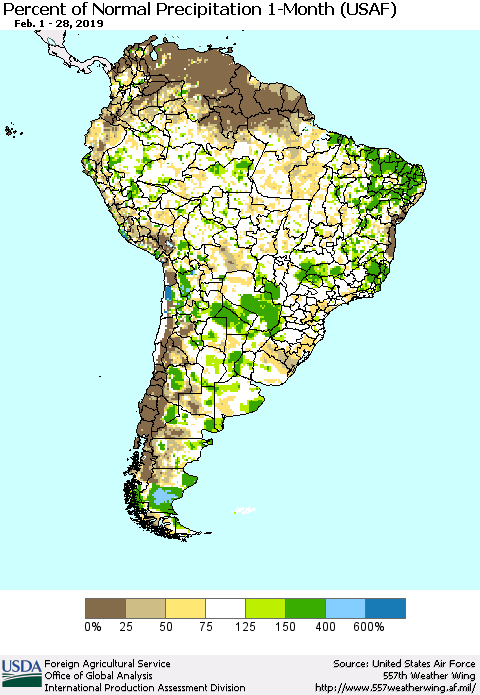 South America Percent of Normal Precipitation 1-Month (USAF) Thematic Map For 2/1/2019 - 2/28/2019