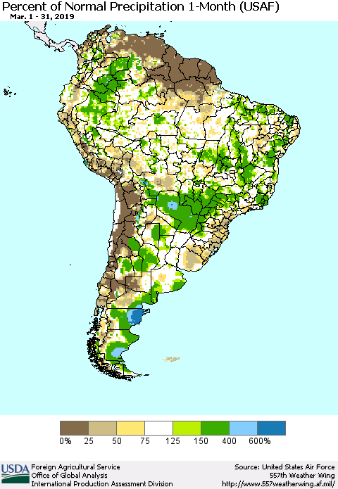 South America Percent of Normal Precipitation 1-Month (USAF) Thematic Map For 3/1/2019 - 3/31/2019