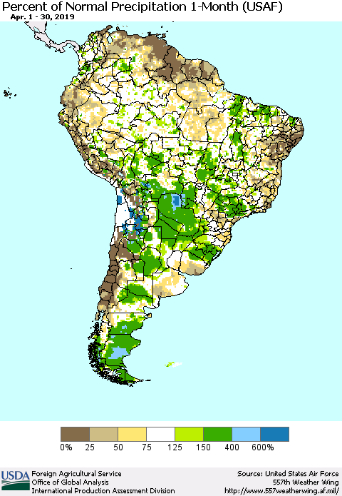 South America Percent of Normal Precipitation 1-Month (USAF) Thematic Map For 4/1/2019 - 4/30/2019