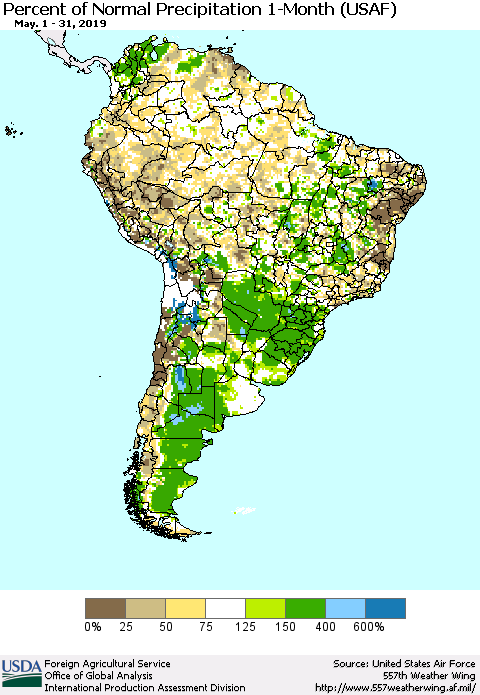 South America Percent of Normal Precipitation 1-Month (USAF) Thematic Map For 5/1/2019 - 5/31/2019