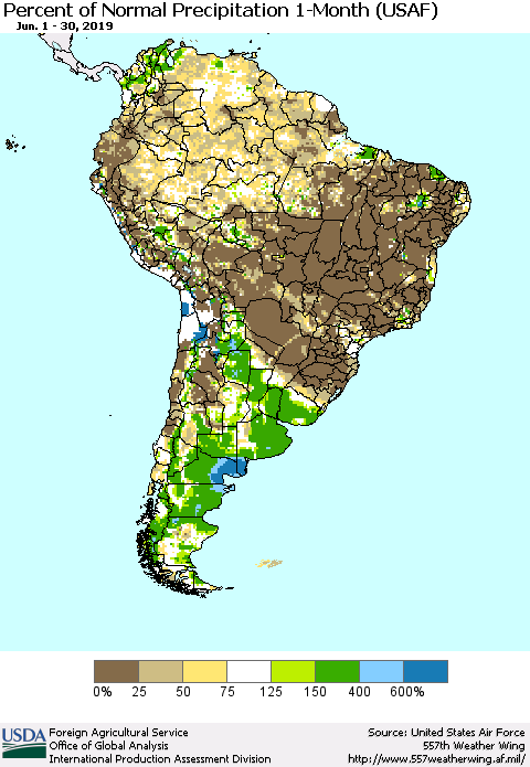 South America Percent of Normal Precipitation 1-Month (USAF) Thematic Map For 6/1/2019 - 6/30/2019