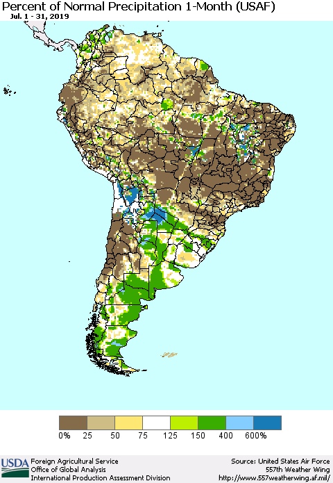 South America Percent of Normal Precipitation 1-Month (USAF) Thematic Map For 7/1/2019 - 7/31/2019