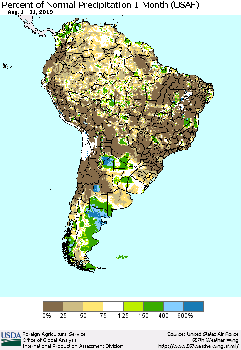 South America Percent of Normal Precipitation 1-Month (USAF) Thematic Map For 8/1/2019 - 8/31/2019