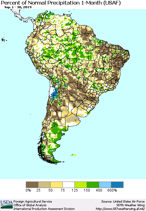 South America Percent of Normal Precipitation 1-Month (USAF) Thematic Map For 9/1/2019 - 9/30/2019