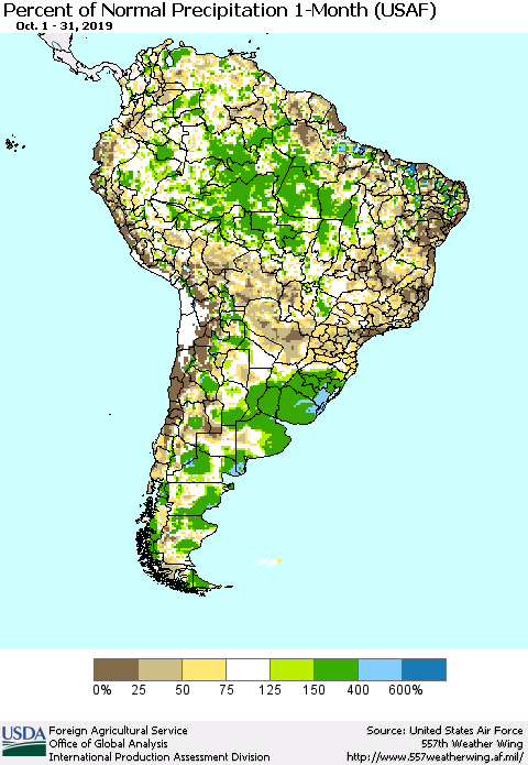 South America Percent of Normal Precipitation 1-Month (USAF) Thematic Map For 10/1/2019 - 10/31/2019