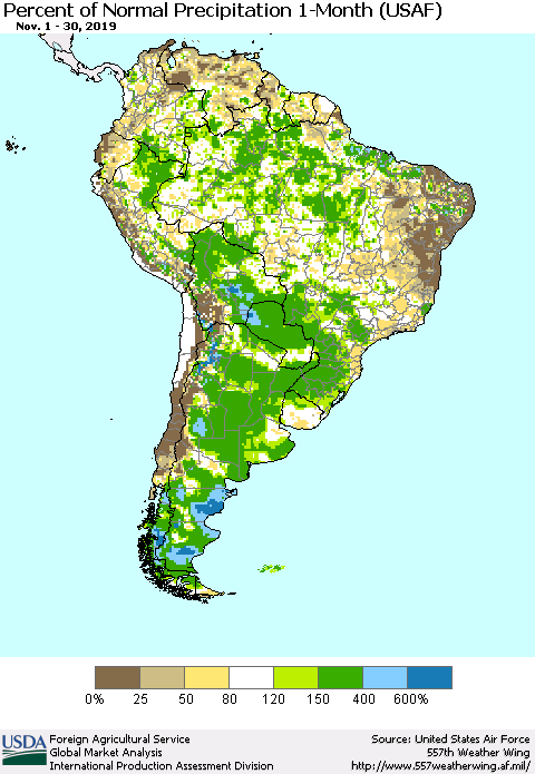 South America Percent of Normal Precipitation 1-Month (USAF) Thematic Map For 11/1/2019 - 11/30/2019