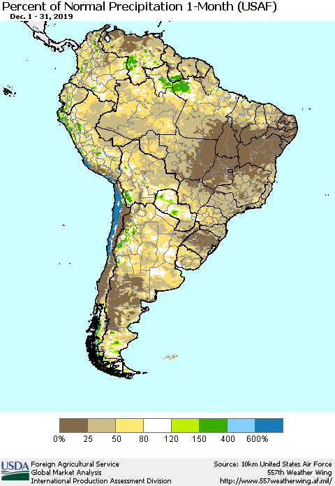 South America Percent of Normal Precipitation 1-Month (USAF) Thematic Map For 12/1/2019 - 12/31/2019